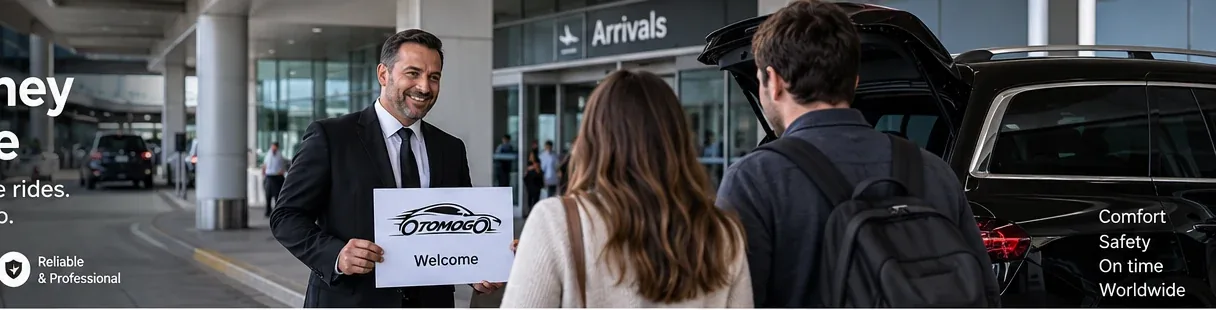 OTOMOGO chauffeur welcoming arriving airport passengers beside a premium vehicle